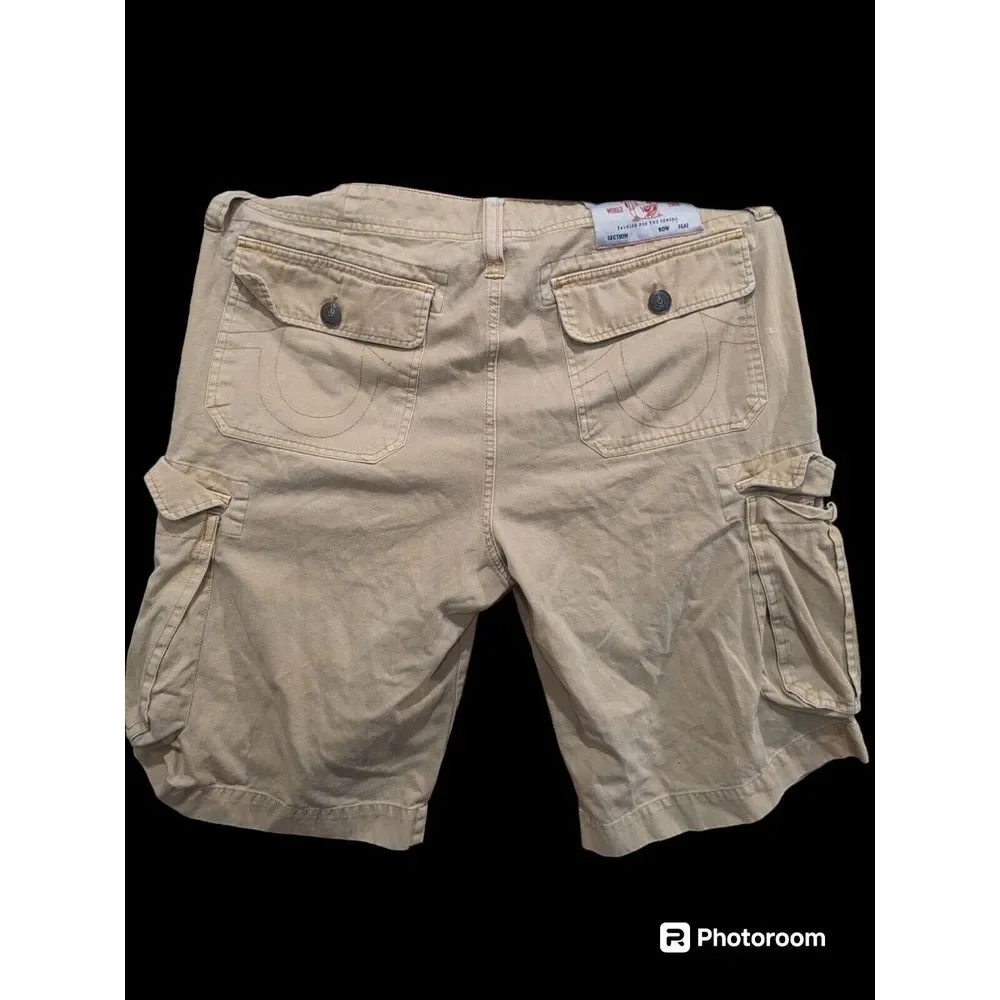 True Religion Cargo Shorts Men's Size 33 Actual 34 Flat Front Khaki Tan  Distres
